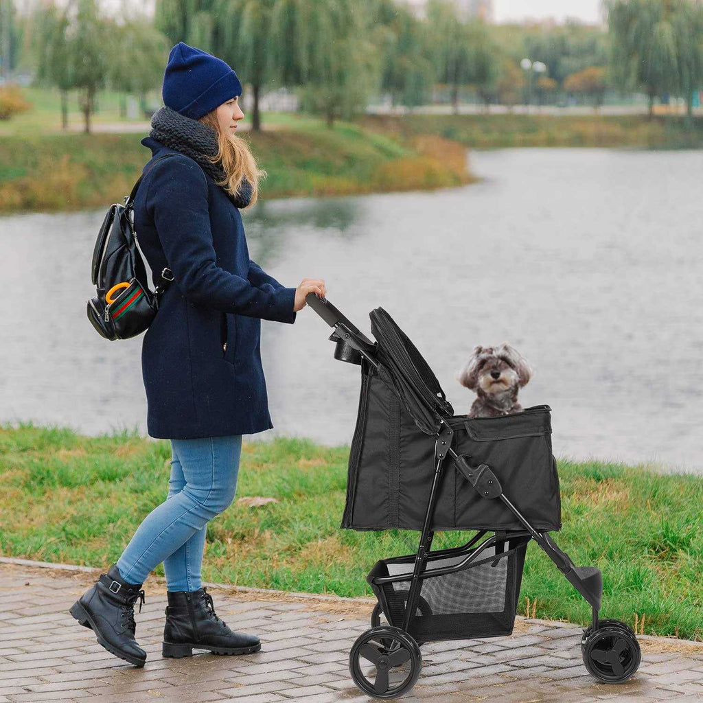 3 Wheels Foldable Pet Stroller with Brake, Canopy, Cup Holders and Storage W7048
