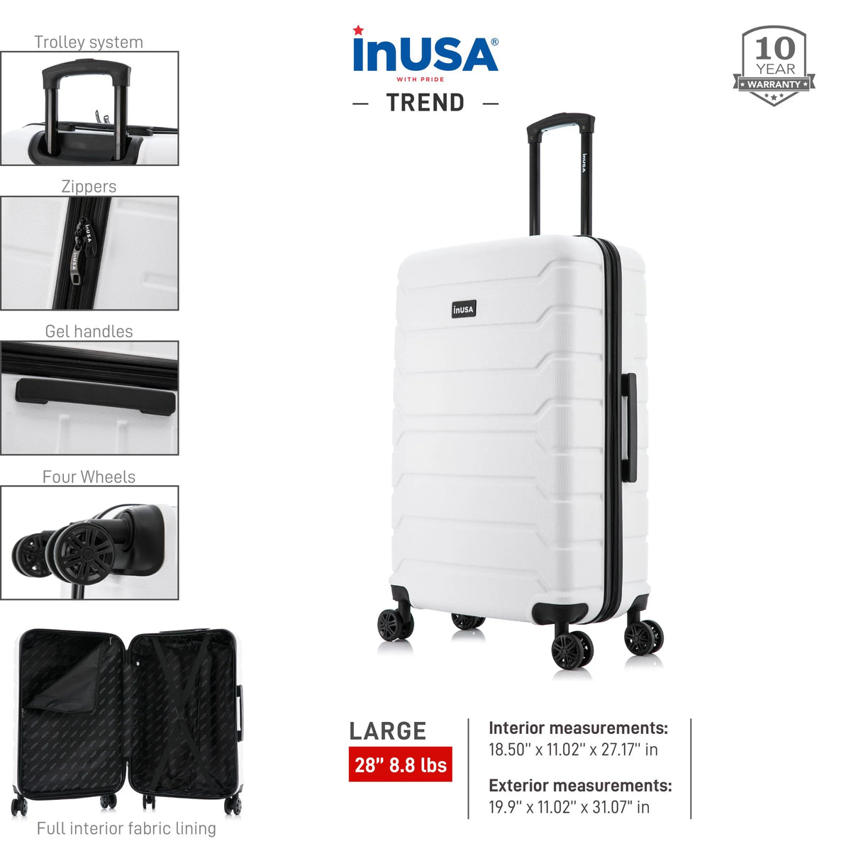 28" White Hardside Lightweight Luggage with Spinner Wheels V537974