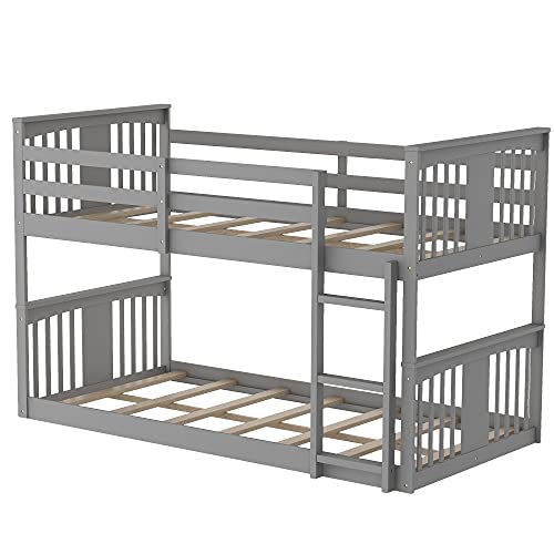 White Twin Over Twin Low Wooden Bunk Bed with Ladder D337297