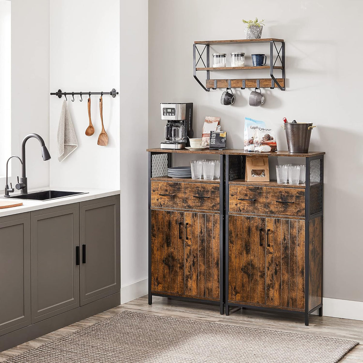 Rustic Brown and Black Freestanding Storage Cabinet with Doors and Shelves V850