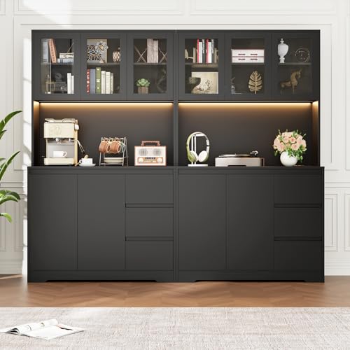 Black 71" Kitchen Pantry Cabinet with LED Lights and Charging Station G310948