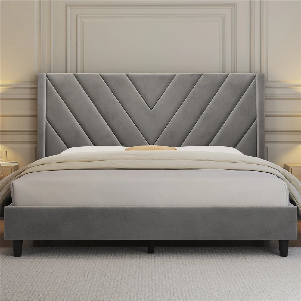 Queen Light Gray Upholstered Platform Bed Frame Y722235