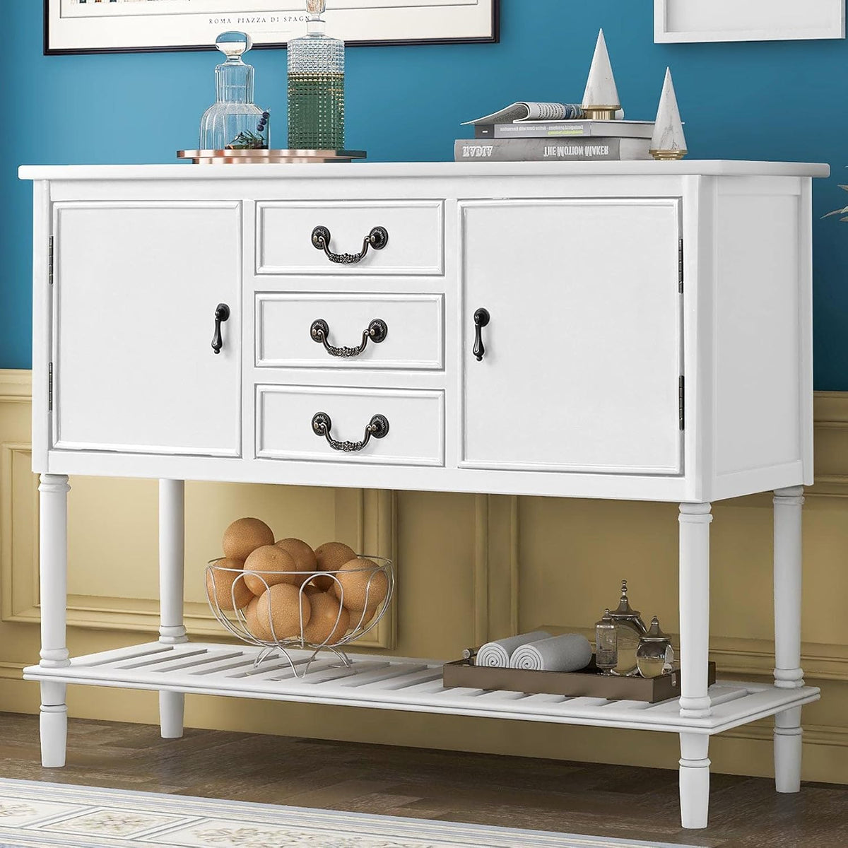 Light Green Wood Console Sofa Table with Drawers and Open Shelf J6191