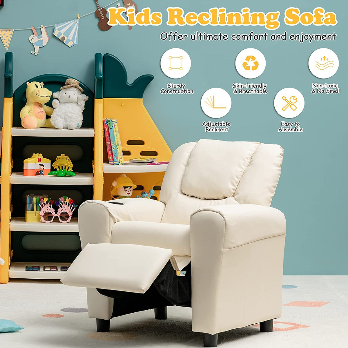 Beige PU Leather Toddler Armrest Sofa Recliner J13169
