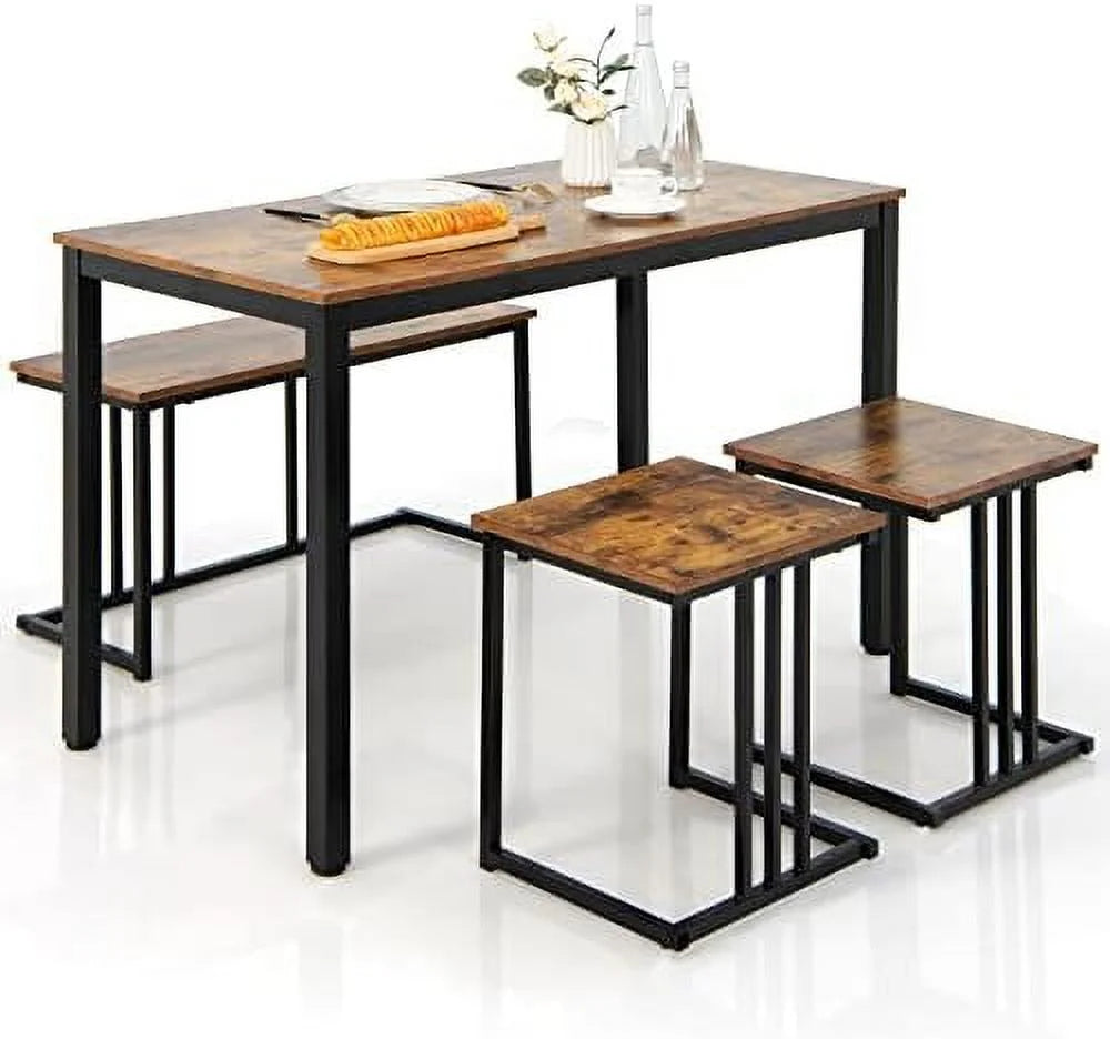4 Piece Dining Table Set with Bench and 2 Stools E9776