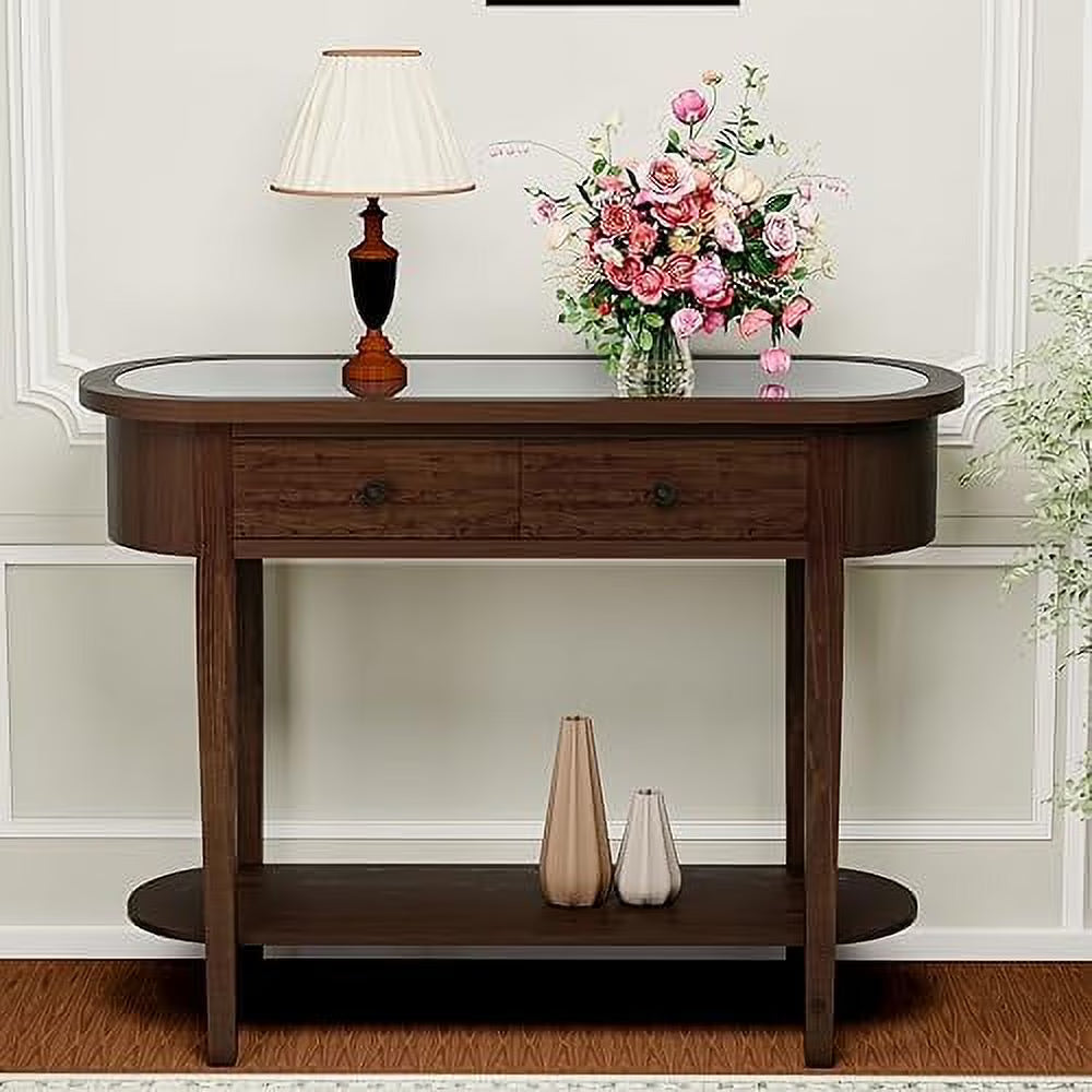 Half-Round Entryway Table with Solid MDF Board Glass Table Top Console Table 15.7" D x 40" W x 30.5" H G151093