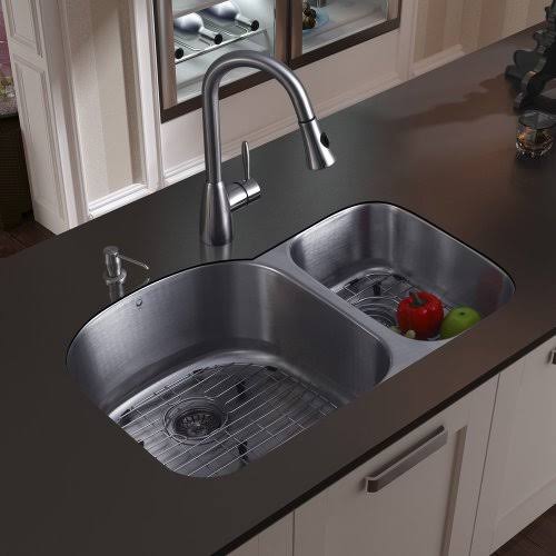 Undermount Stainless Steel Kitchen Sink with Faucet, Two Grids, Two Strainers and Dispenser X29874