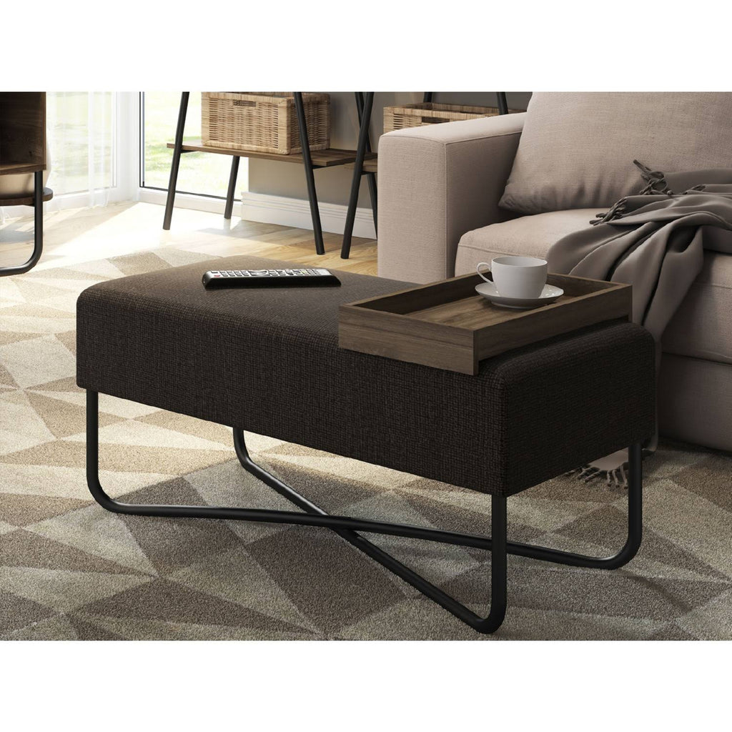 Dark Brown Fabric Bench with Black Base and Dark Oak Tray I706