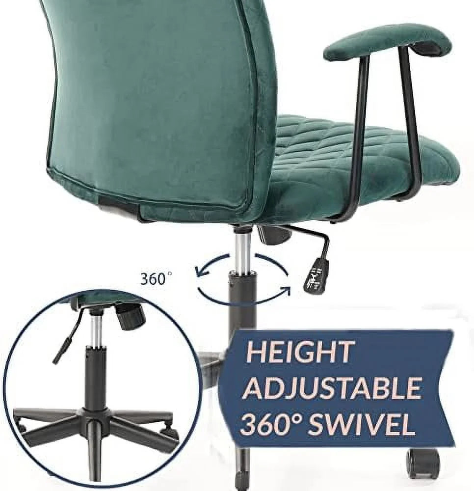 Green Velvet Upholstered Office Desk Chair with Armrest and Wheels X48340