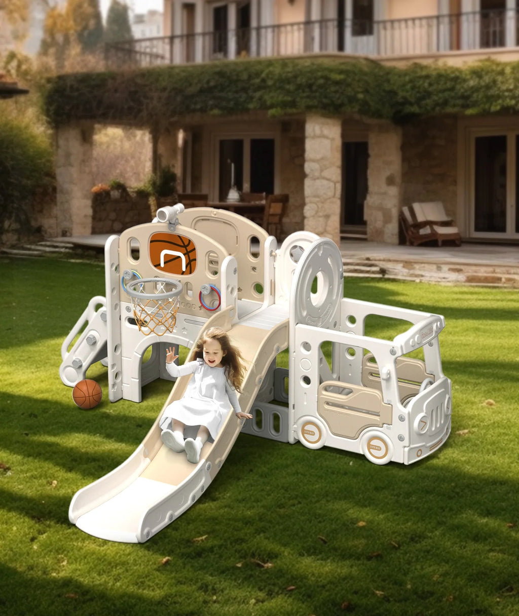 Kids Slide Set with Climber, Basketball Hoop, Tunnel, Playhouse Z94142