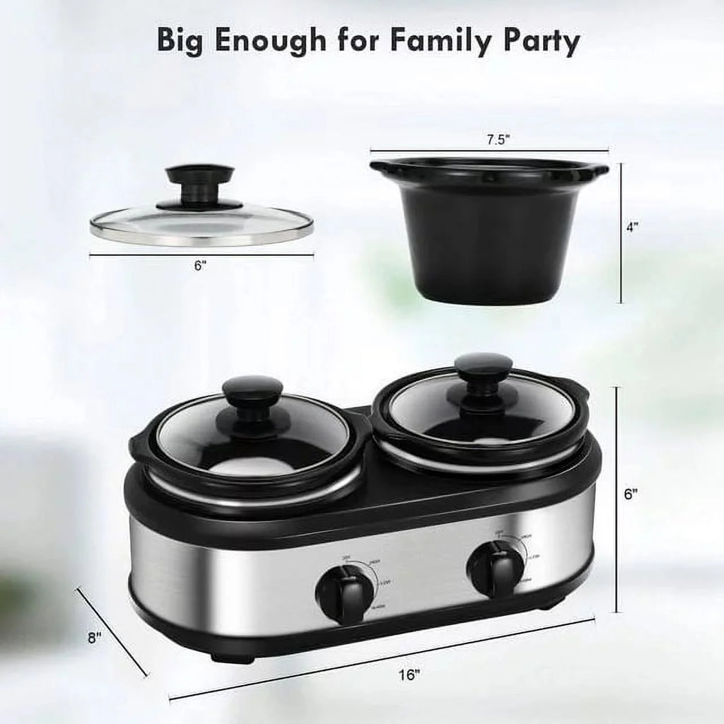 2.5QT Dual Pot Slow Cooker With Adjustable Temp Stainless Steel Removable Pots S526