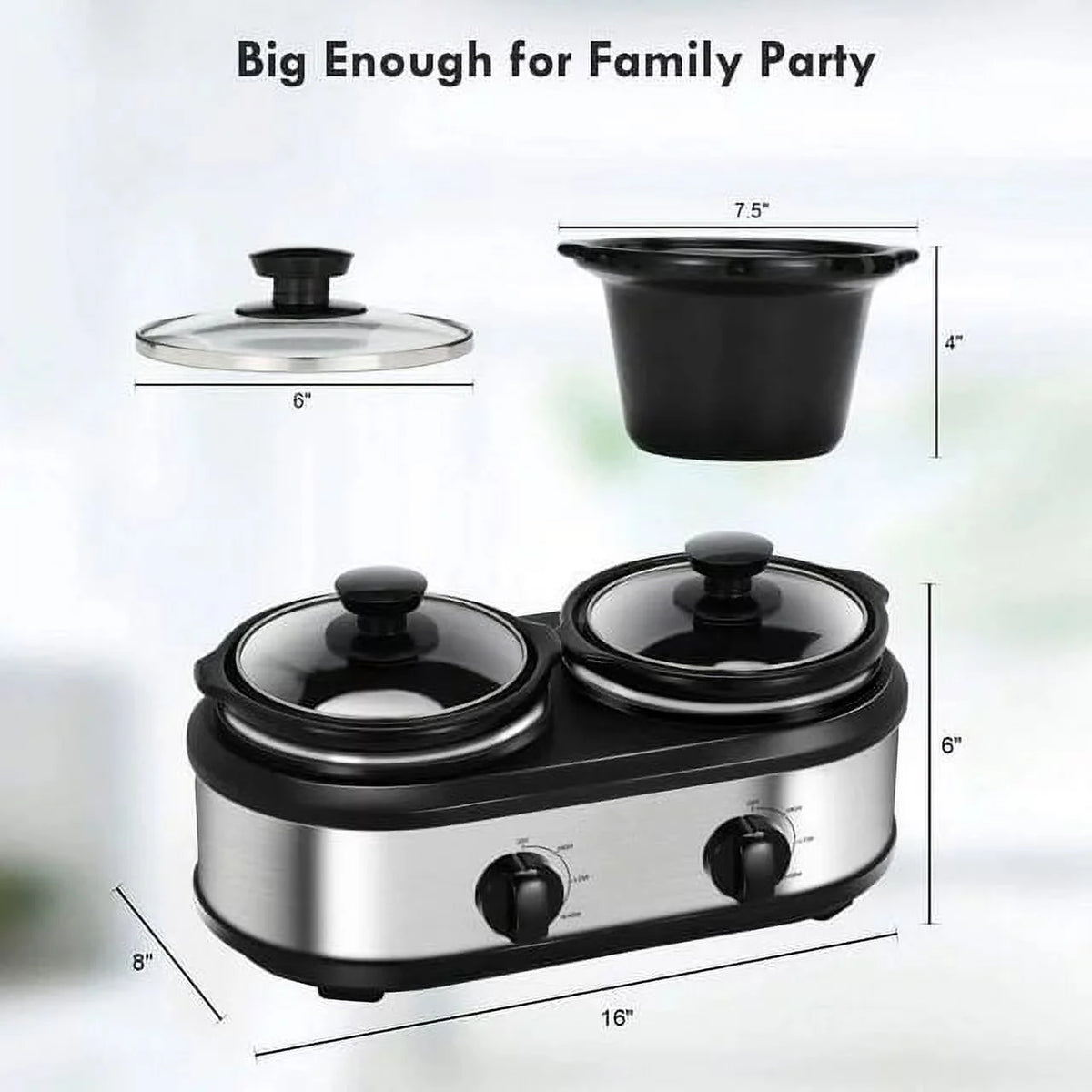 2.5QT Dual Pot Slow Cooker With Adjustable Temp Stainless Steel Removable Pots S526