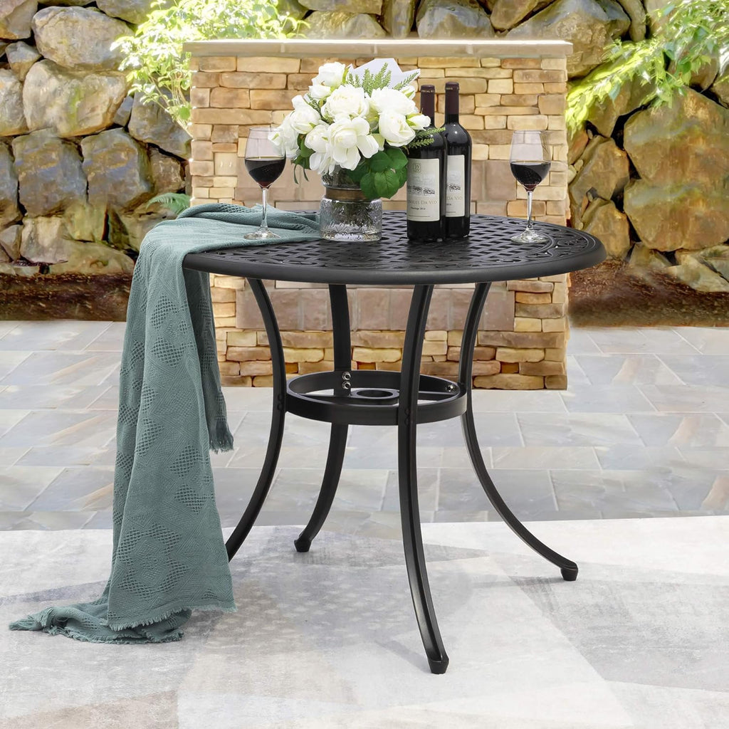 Black Round Cast Aluminum Patio Table with Umbrella Hole O183