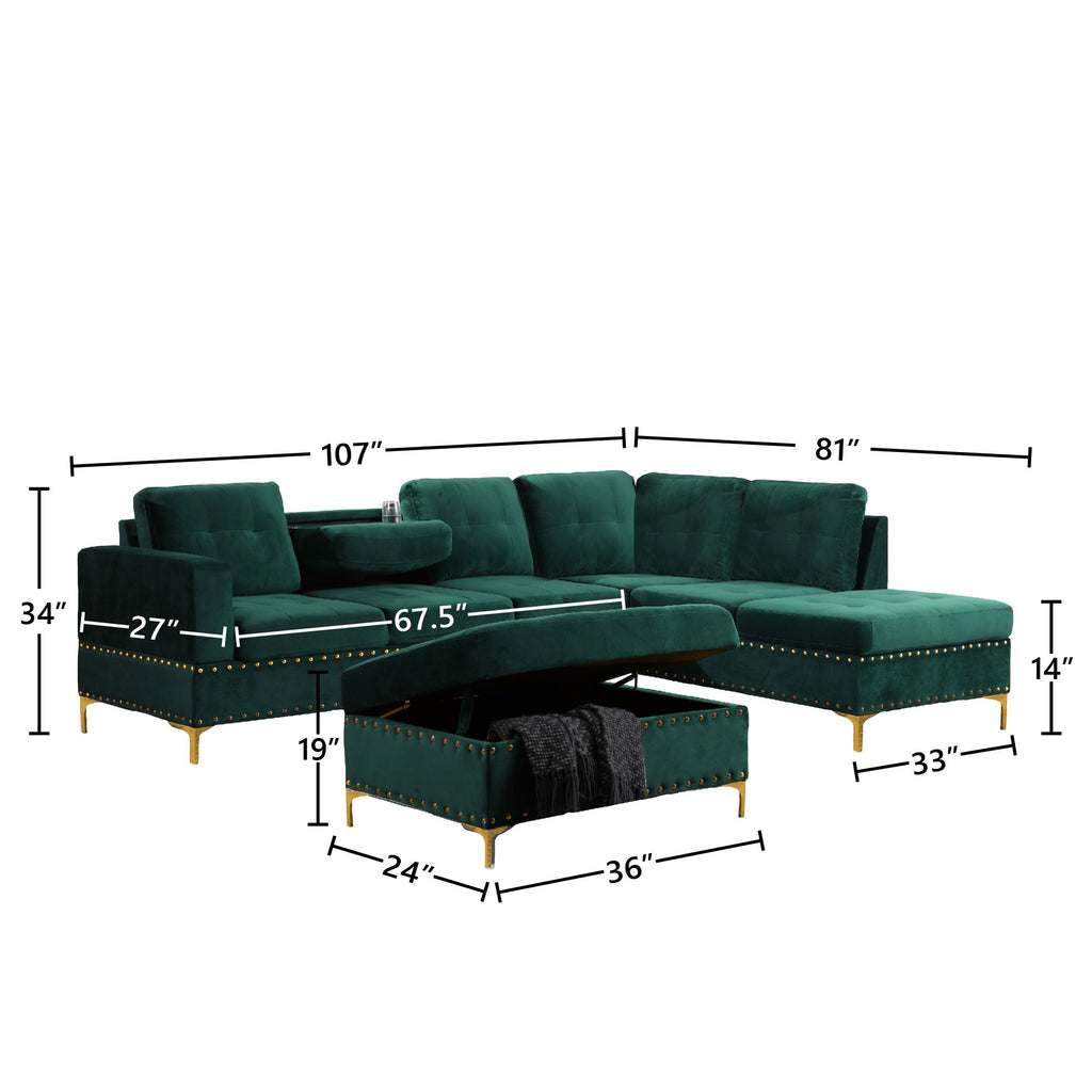 Velvet Reversible Sectional with Storage Ottoman Z52097