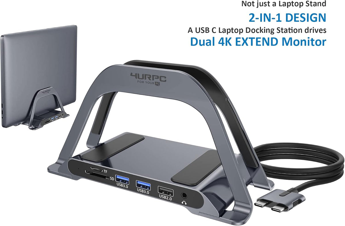 USB C Docking Station Dual Monitor 10 in 2 Dual Display USB C HUB with Vertical Stand Multiport USB C Adapter with Two 4K HDMI PD3.0 Ethernet USB A2382