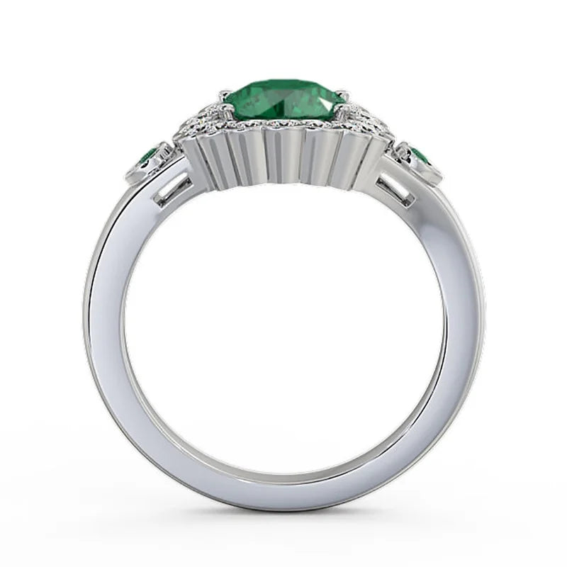 14K White Gold Floral Halo Round Cut Emerald Real Diamond Ring Size 7.5 R3243