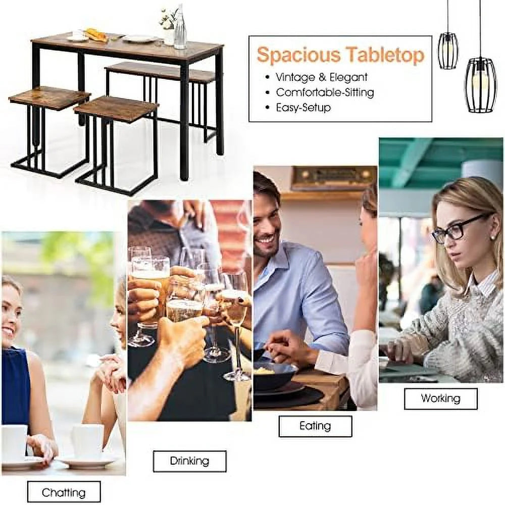 4 Piece Dining Table Set with Bench and 2 Stools E9776