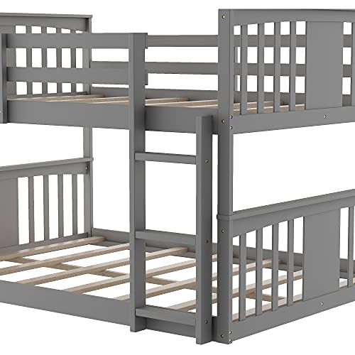 White Twin Over Twin Low Wooden Bunk Bed with Ladder D337297