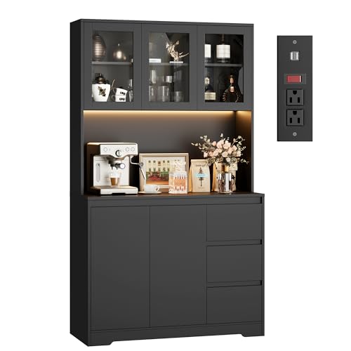 Black 71" Kitchen Pantry Cabinet with LED Lights and Charging Station G310948