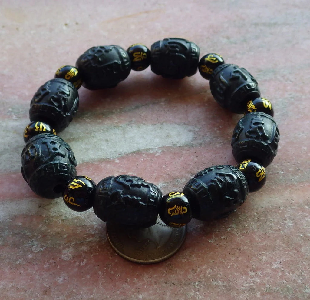 Hand Carved Natural Black Dark Green Jadeite Bead Bangle Bracelet A609
