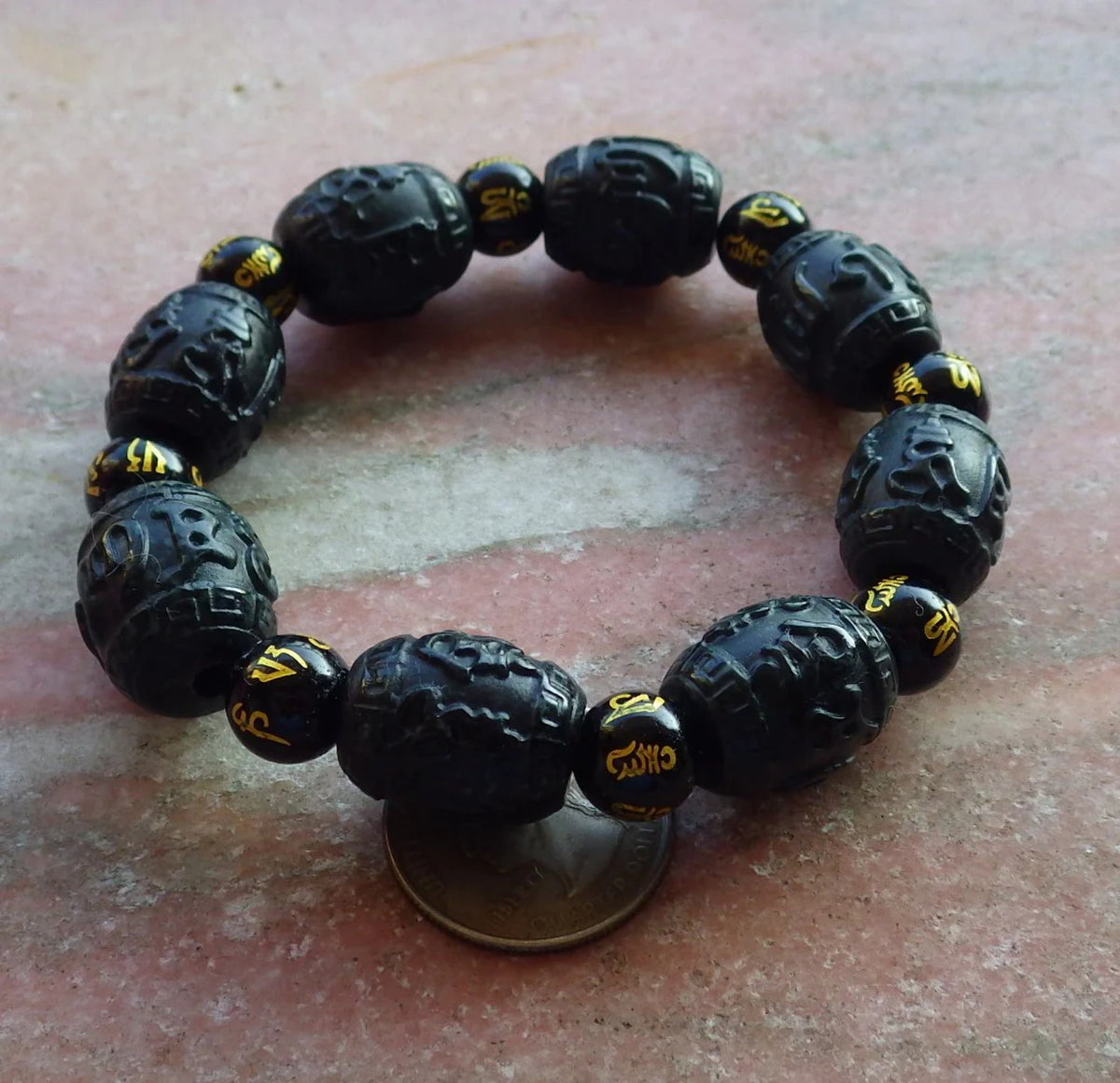 Hand Carved Natural Black Dark Green Jadeite Bead Bangle Bracelet A609