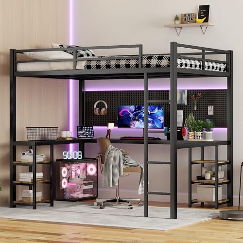 Full Size Metal Loft Bed with Desk and Wardrobe P69075
