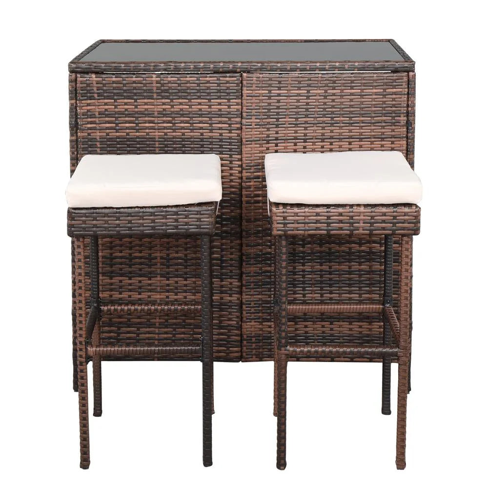 3PCS Patio Rattan Wicker Bar Table Stools Dining Set Brown A6204