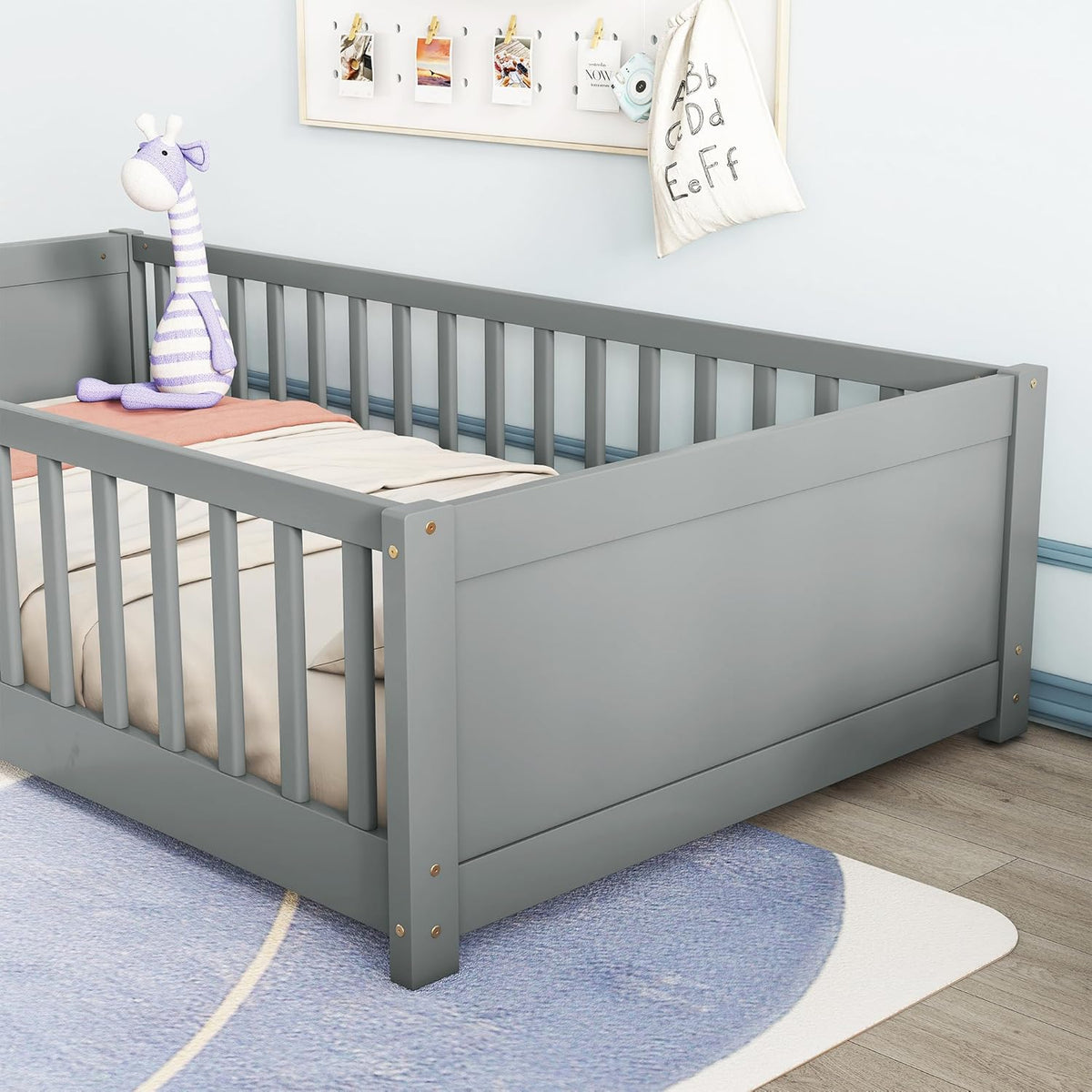 Twin Size Solid Pine Wood Floor Bed Frame with Safety Guardrails and Slats (Grey) Y493786