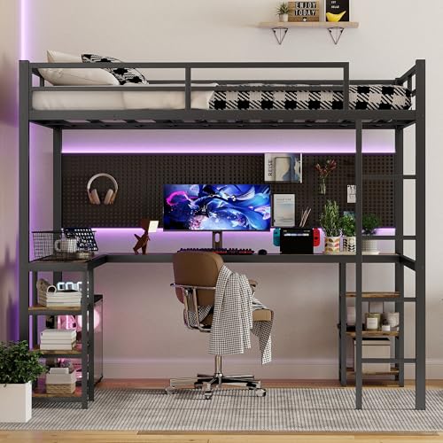 Full Size Metal Loft Bed with Desk and Wardrobe P69075