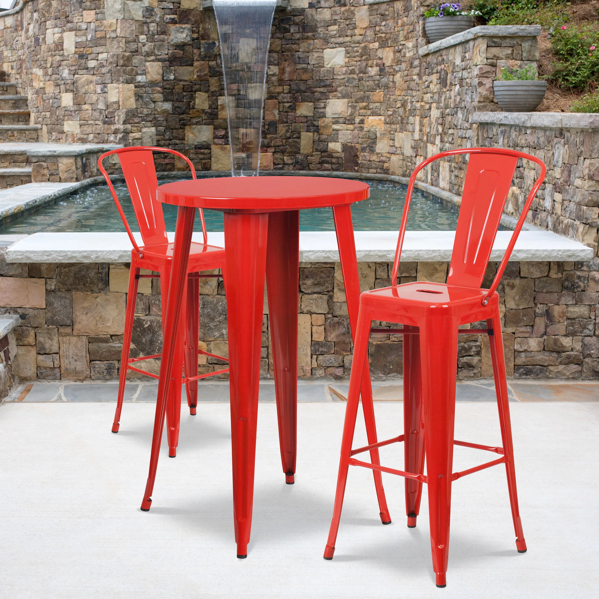 24" Round Red Metal Indoor-Outdoor Bar Table Set with 2 Stools Z984