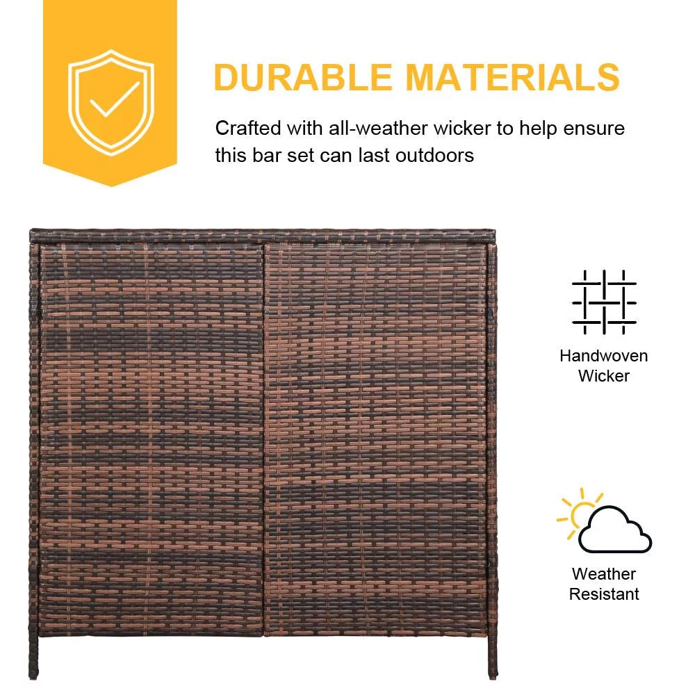 3PCS Patio Rattan Wicker Bar Table Stools Dining Set Brown A6204