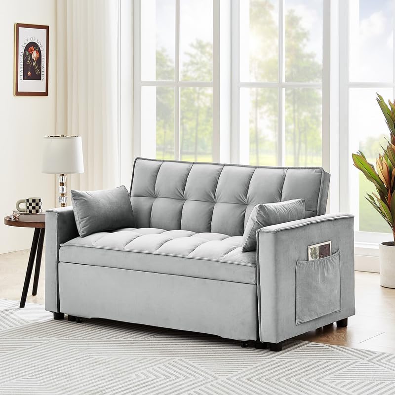 Beige Velvet Convertible Sleeper Sofa Bed with Pull Out Bed X151878