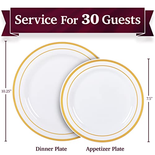 100 White Plastic Plates with Gold Trim, 50 Dinner Plates 10.25" + 50 Salad Plates 7.5" P827720