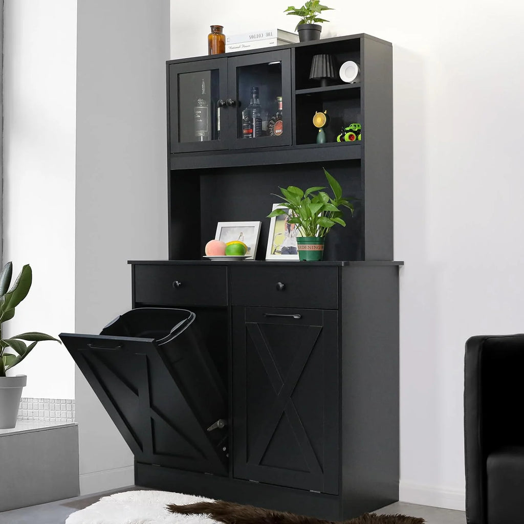 Wooden Double Tilt Out Trash Cabinet with Drawers, Shelves S48174
