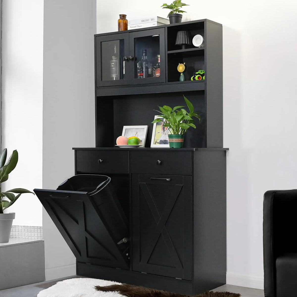 Wooden Double Tilt Out Trash Cabinet with Drawers, Shelves S48174