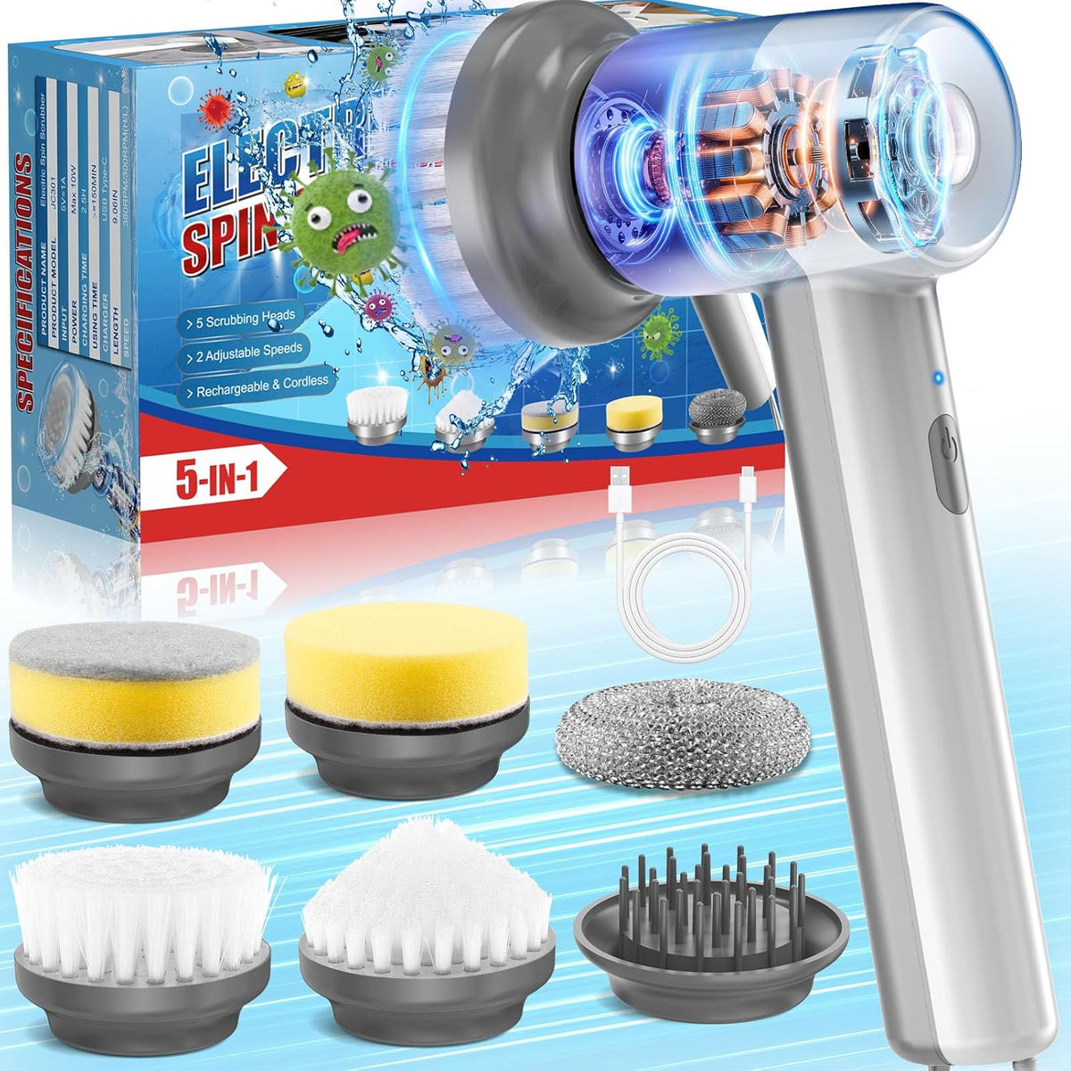 Cordless Electric Spin Scrubber with 5 Cleaning Brush Heads F4800