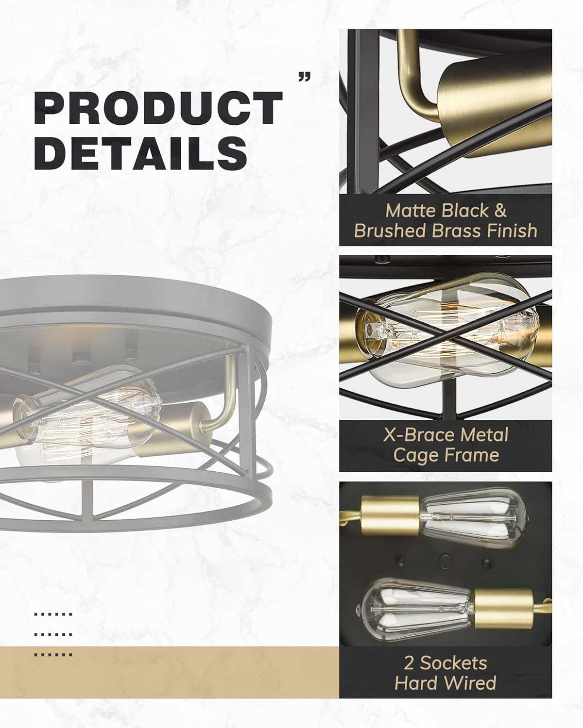 12 Inch 2-Light Farmhouse Flush Mount Ceiling Light Fixture in Matte Black and Brushed Brass Y79004