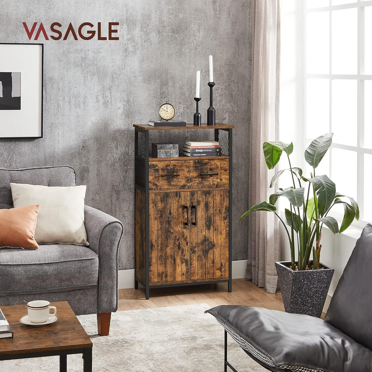 Rustic Brown and Black Freestanding Storage Cabinet with Doors and Shelves V850