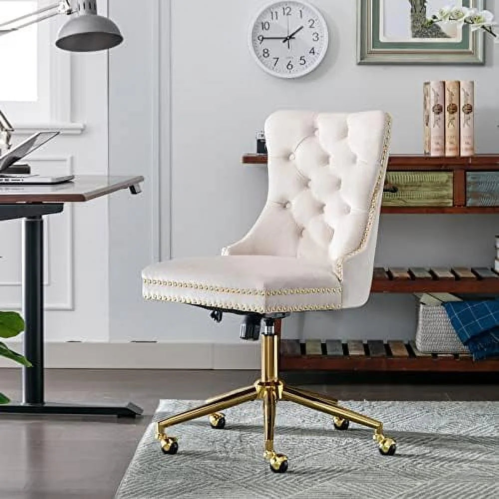 Beige Armless Adjustable Swivel Chair with Wheels E801
