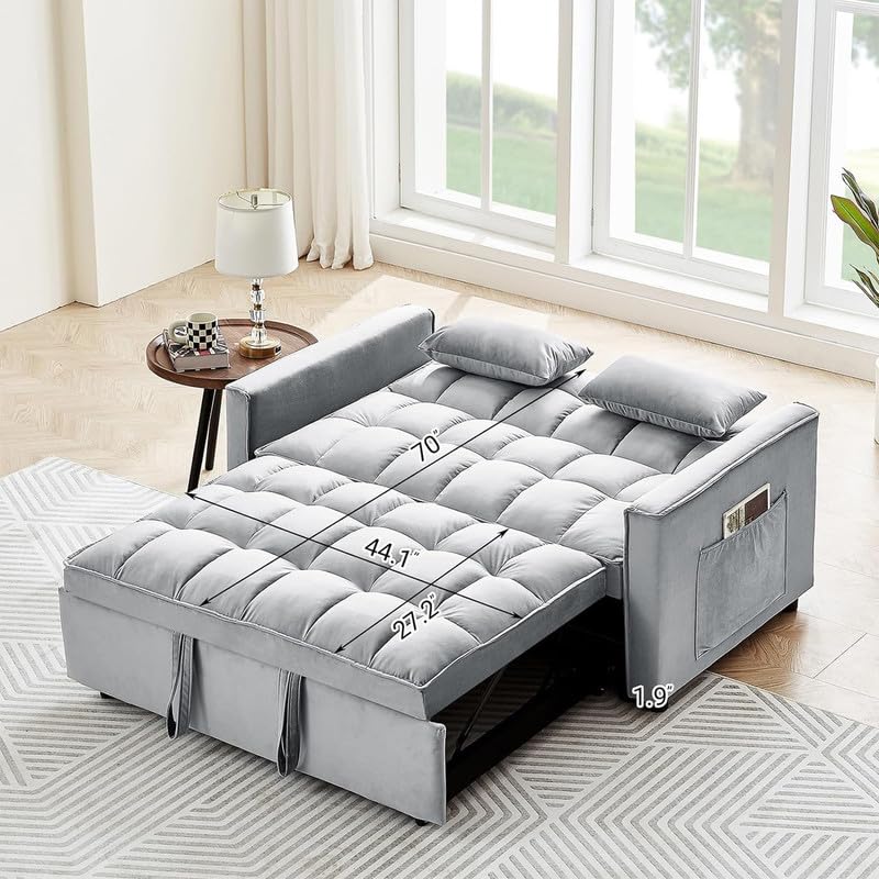 Beige Velvet Convertible Sleeper Sofa Bed with Pull Out Bed X151878