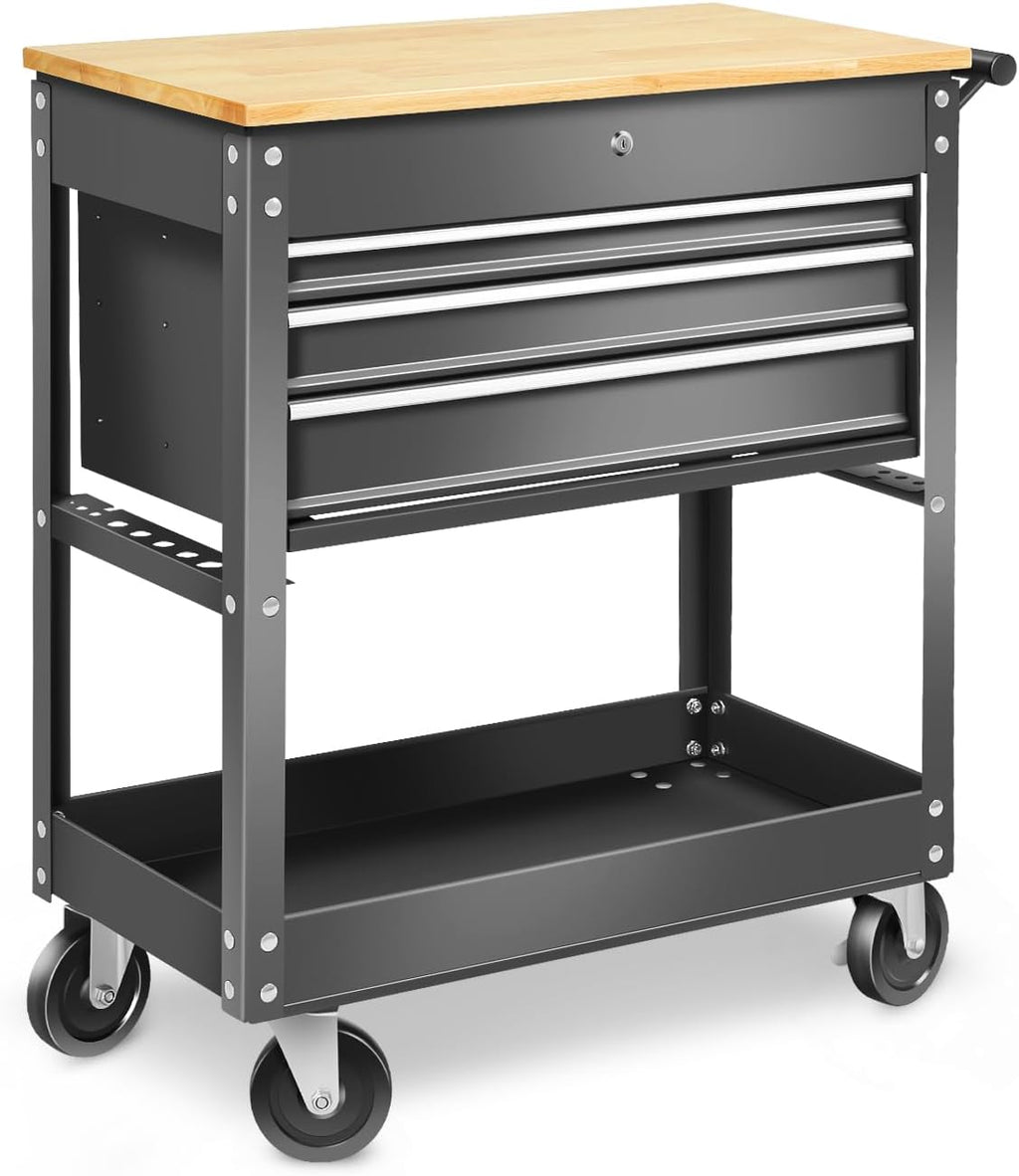 Black 3-Drawer Wood Top Rolling Tool Chest W110