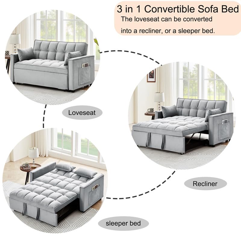 Beige Velvet Convertible Sleeper Sofa Bed with Pull Out Bed X151878