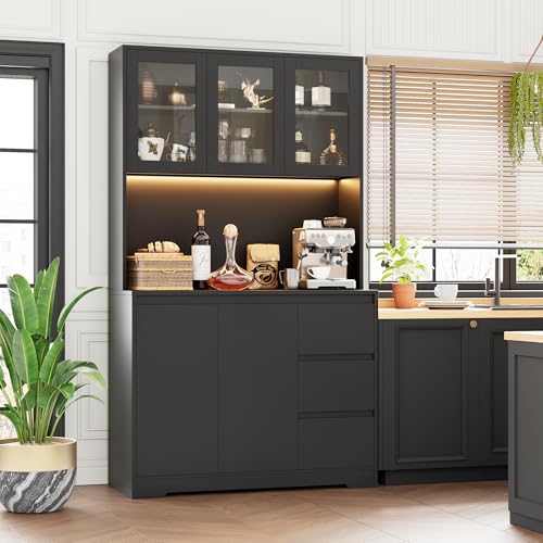 Black 71" Kitchen Pantry Cabinet with LED Lights and Charging Station G310948