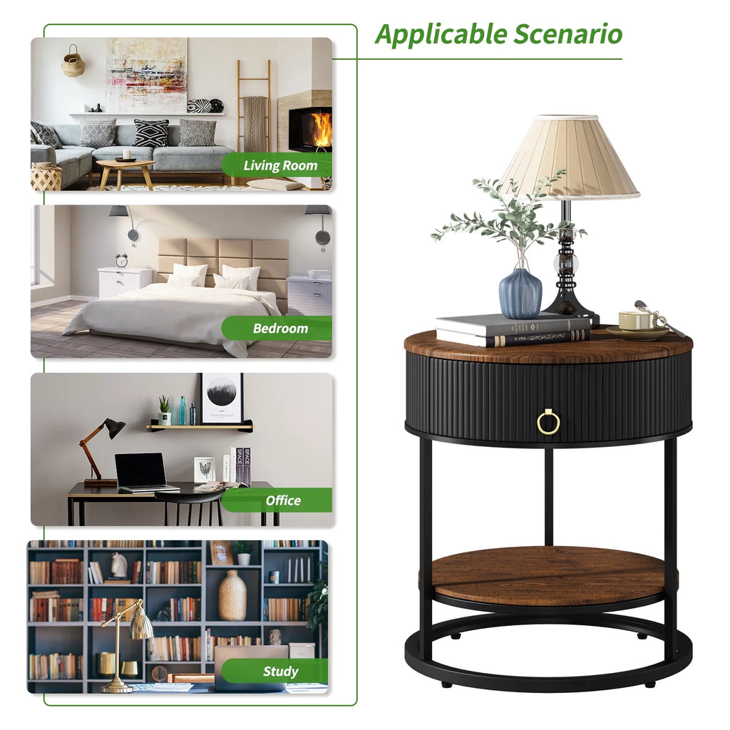Black Metal 2-Tier Round End Table with Drawer L27170