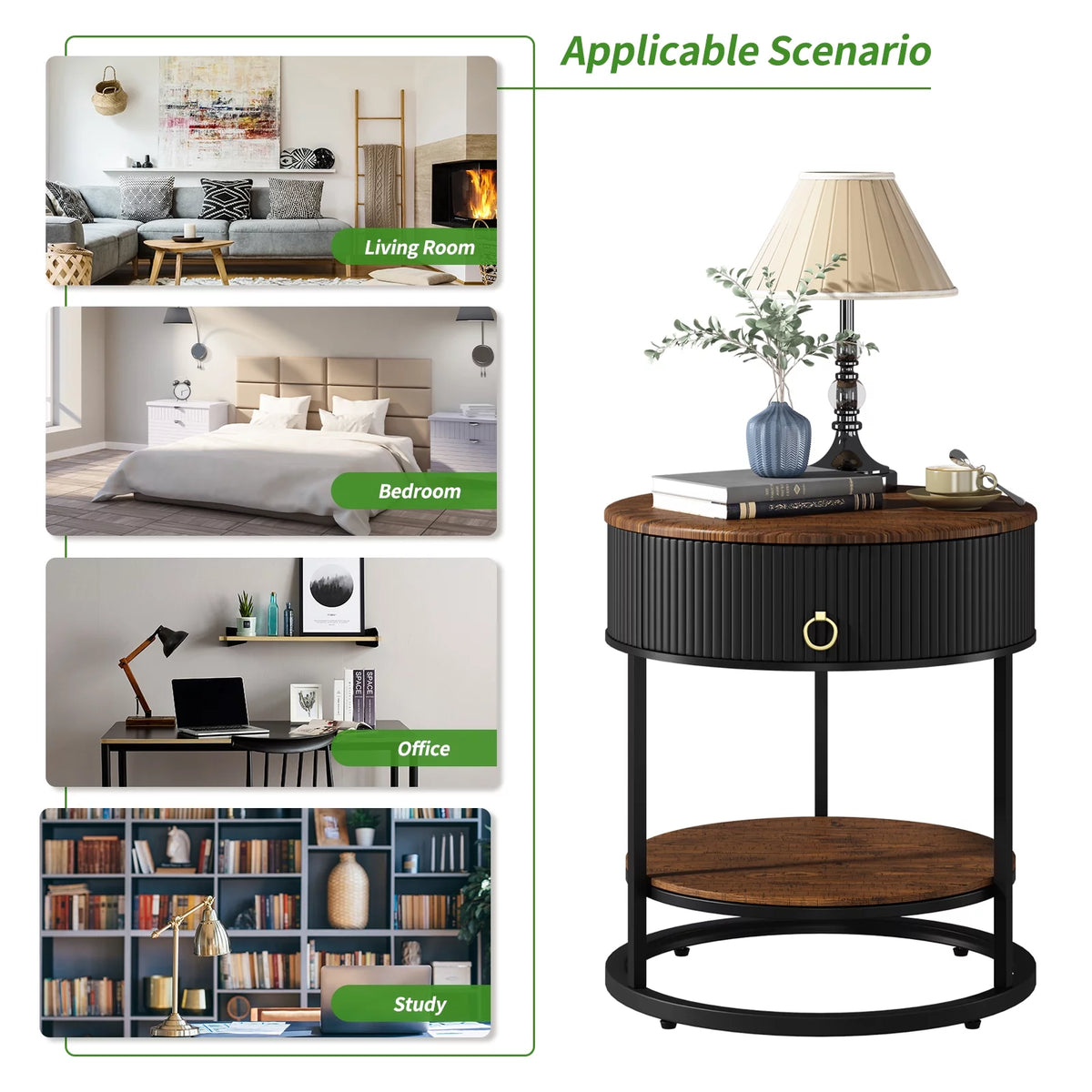 Black Metal 2-Tier Round End Table with Drawer L27170