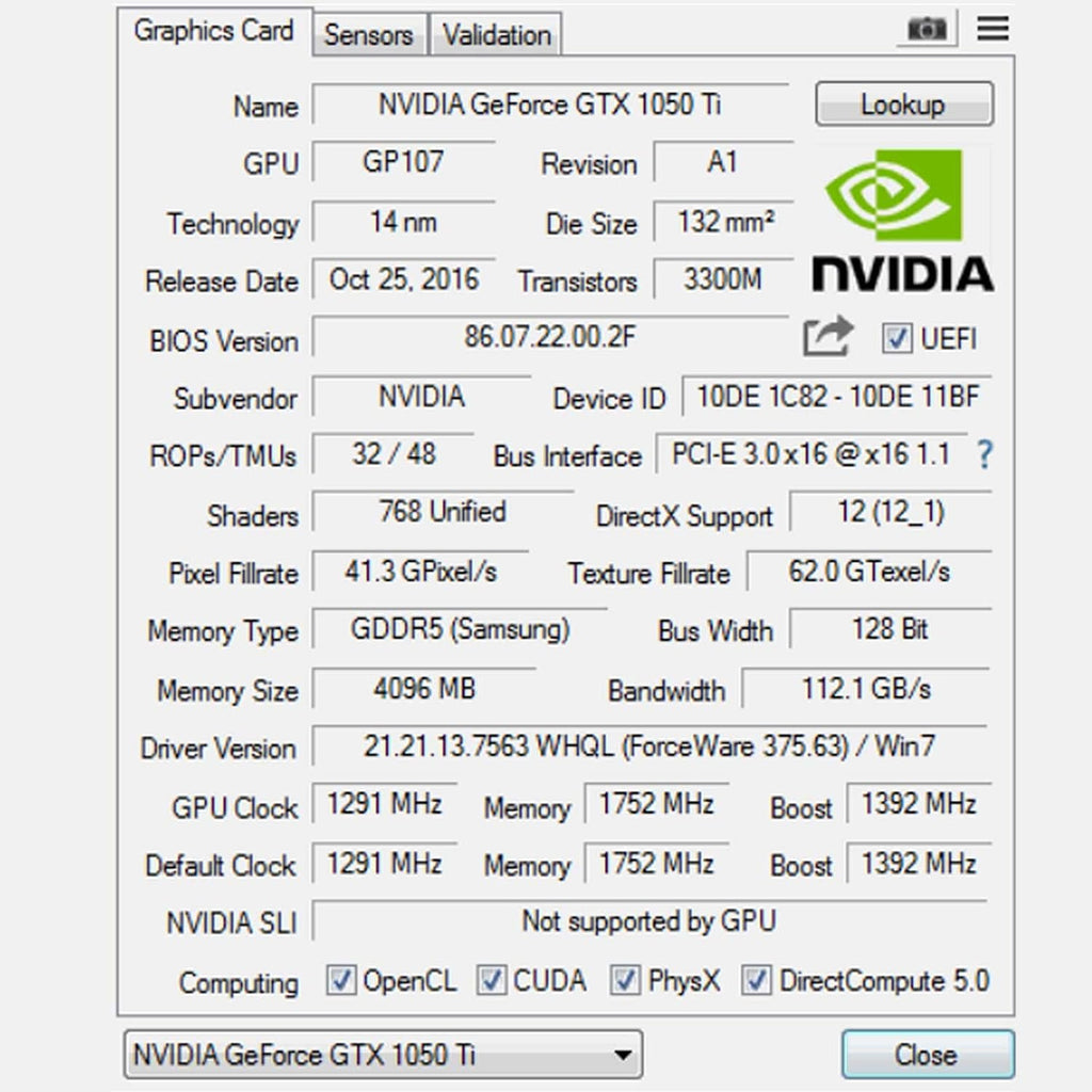 GTX 1050 Ti Graphics Card, 4GB, 128 Bits, GDDR5, Dual Fans, PCI Express x16 3.0 P827