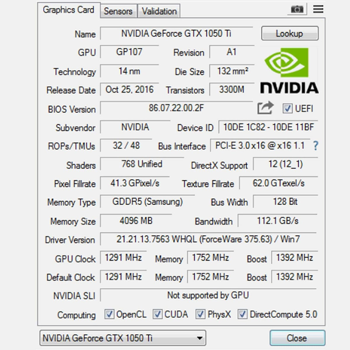 GTX 1050 Ti Graphics Card, 4GB, 128 Bits, GDDR5, Dual Fans, PCI Express x16 3.0 P827