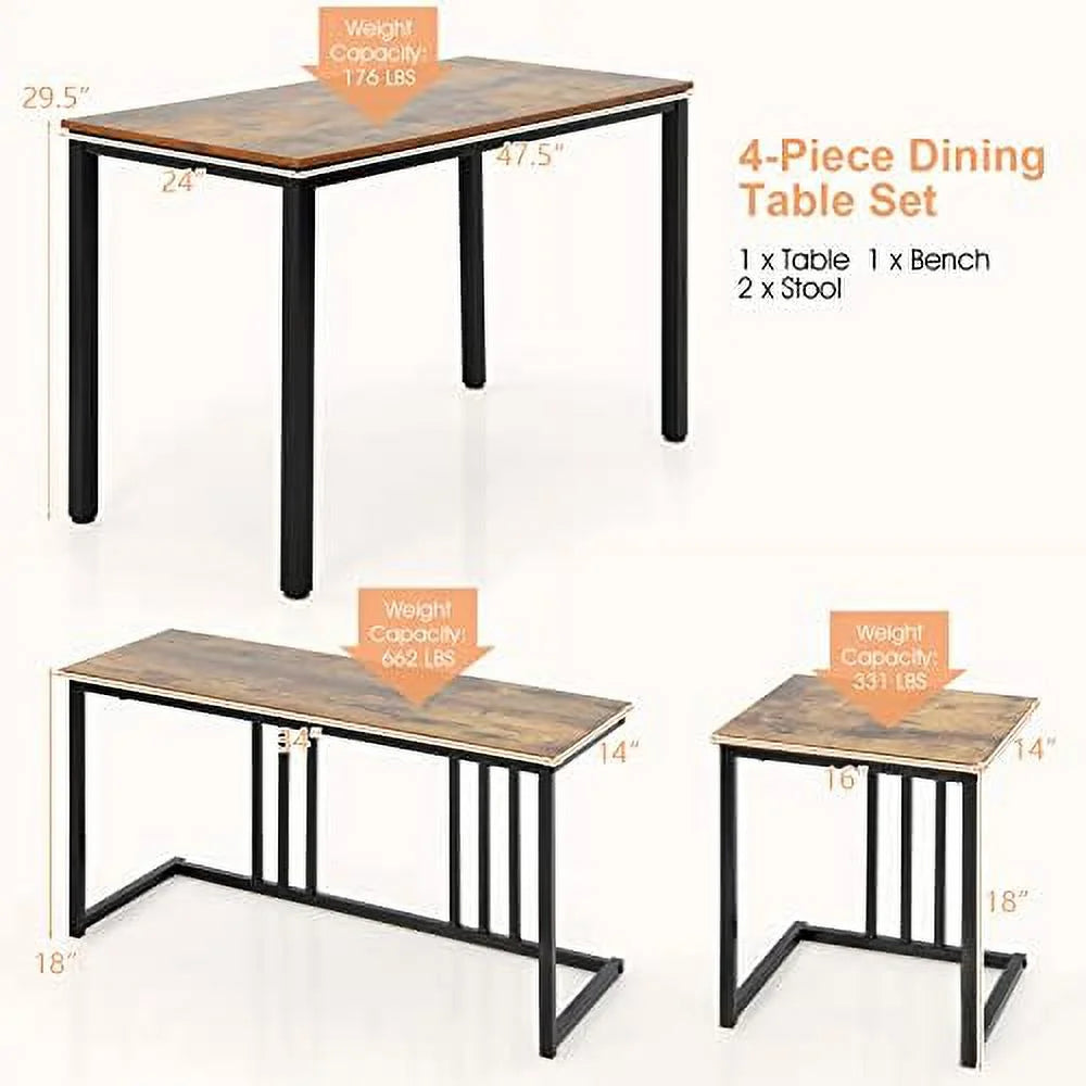4 Piece Dining Table Set with Bench and 2 Stools E9776