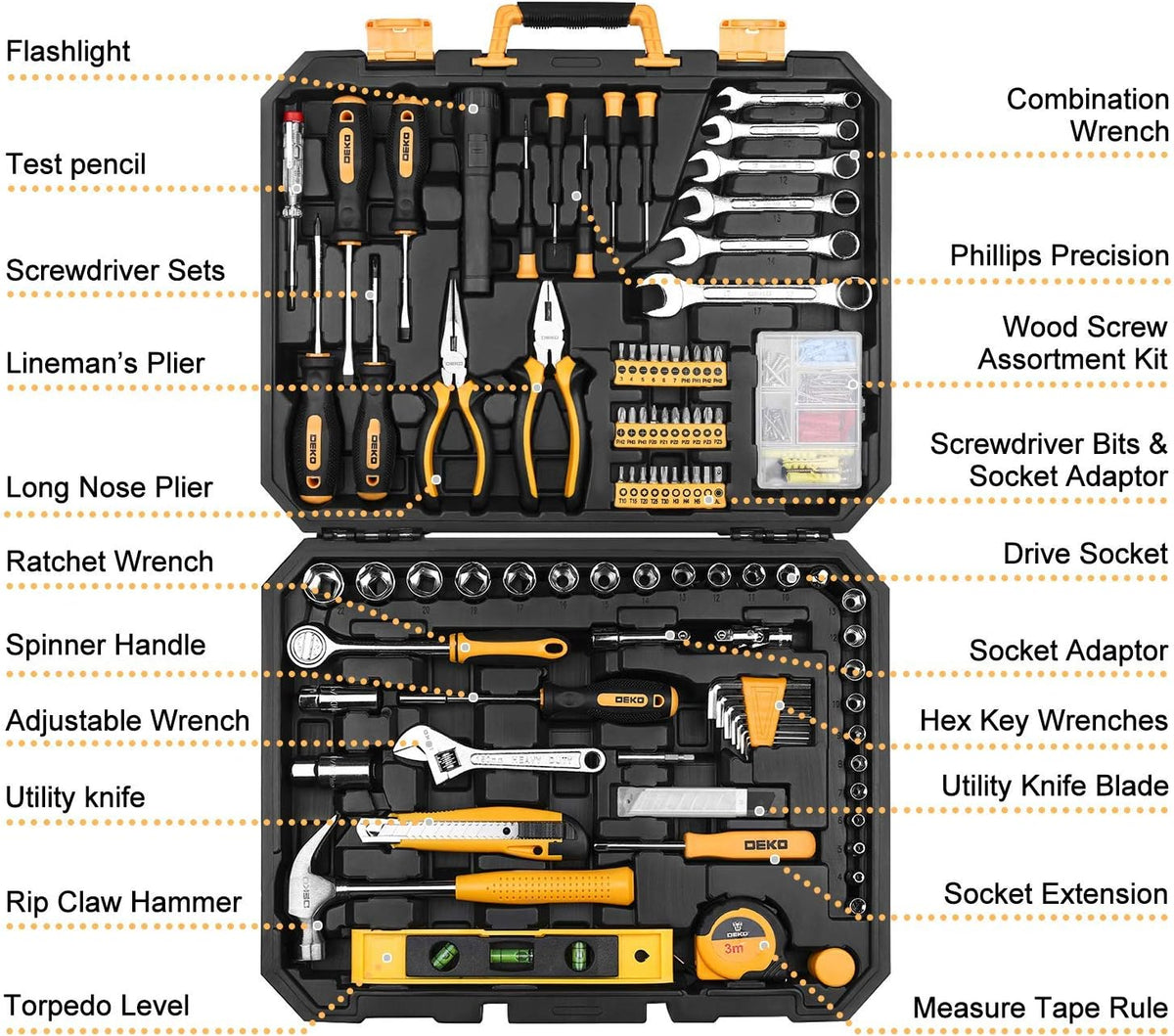 208 Piece General Household Hand Tool Kit with Plastic Toolbox Storage Case N971