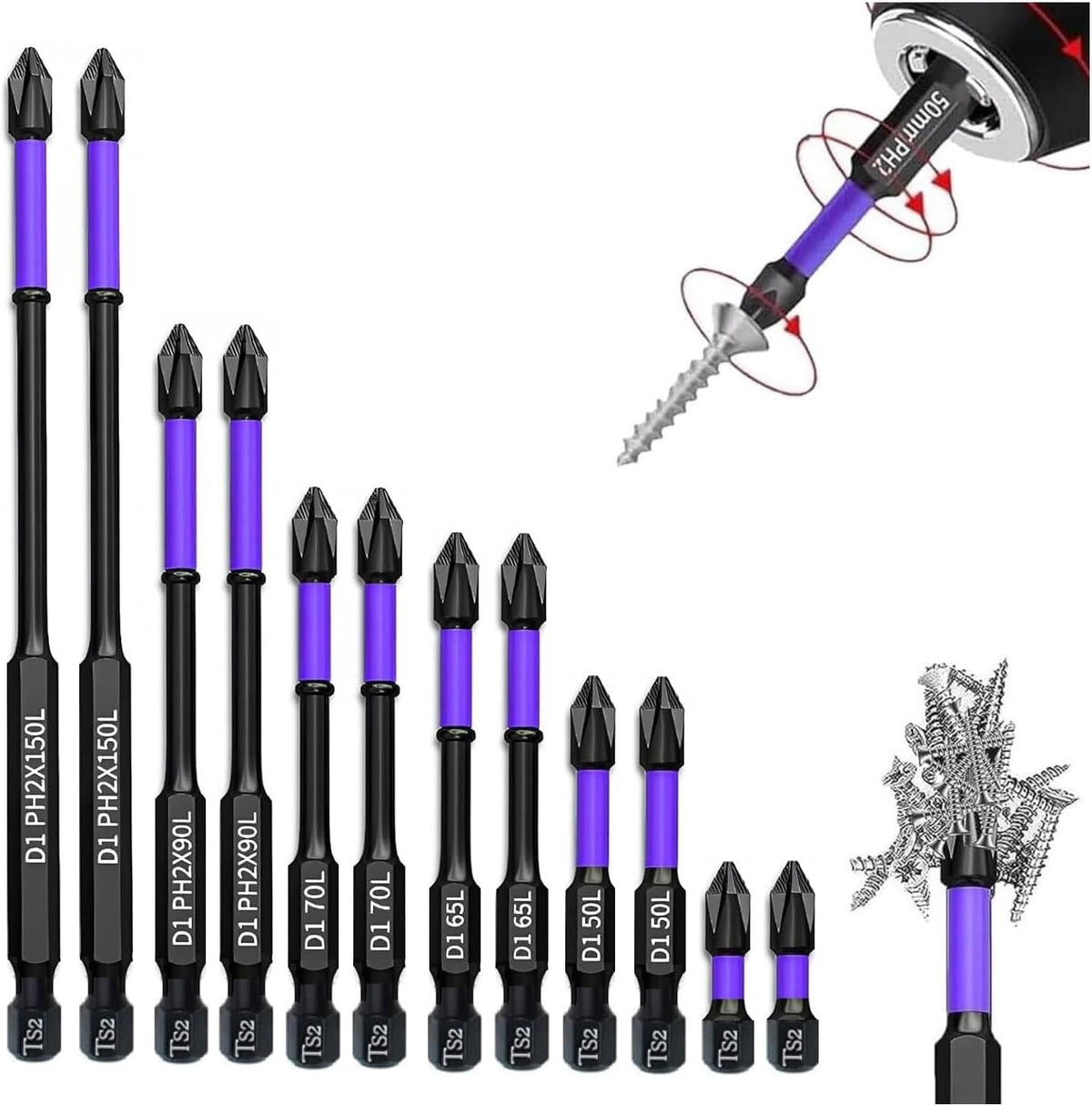 12-Piece Anti-Slip Shock-Proof Phillips Screwdriver Bit Sets, 1/4 Hex Shank Drill Bits W51211